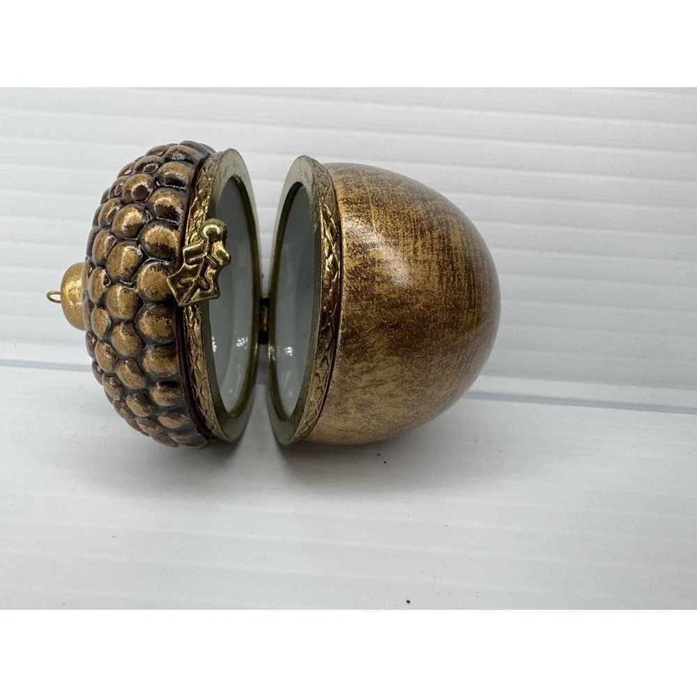 Set Of 2 Porcelain Acorn Hinged Trinket Box Ornaments Brown Gold NEW